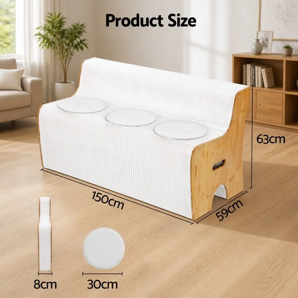 Folding Paper Sofa White 3 Seater Accordion Collapsible Couch with PU Cushions
