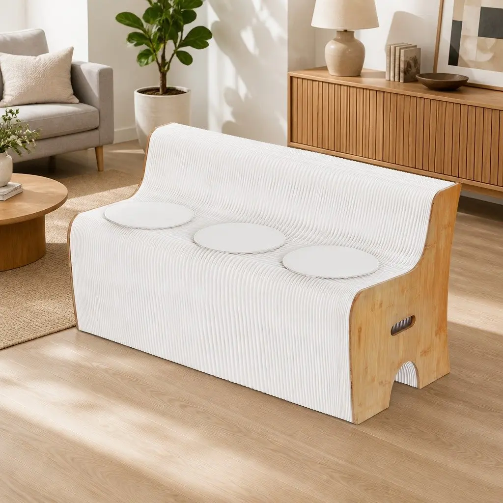 Folding Paper Sofa White 3 Seater Accordion Collapsible Couch with PU Cushions
