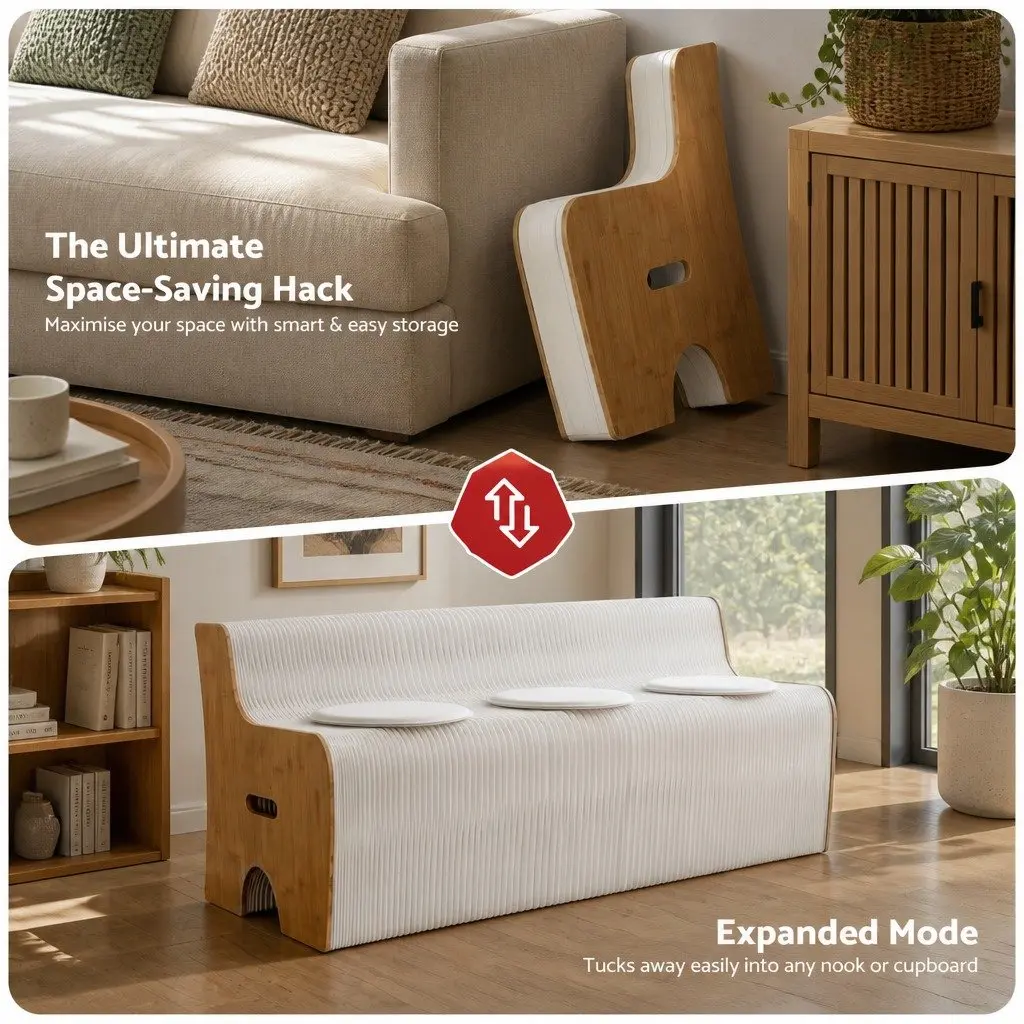 Folding Paper Sofa White 3 Seater Accordion Collapsible Couch with PU Cushions