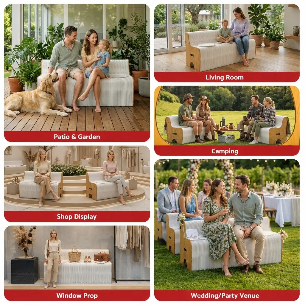 Folding Paper Sofa White 3 Seater Accordion Collapsible Couch with PU Cushions