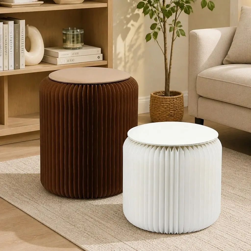 Accordion Folding Paper Stool Set 2 Cushions Modern Living Room Seating Solution