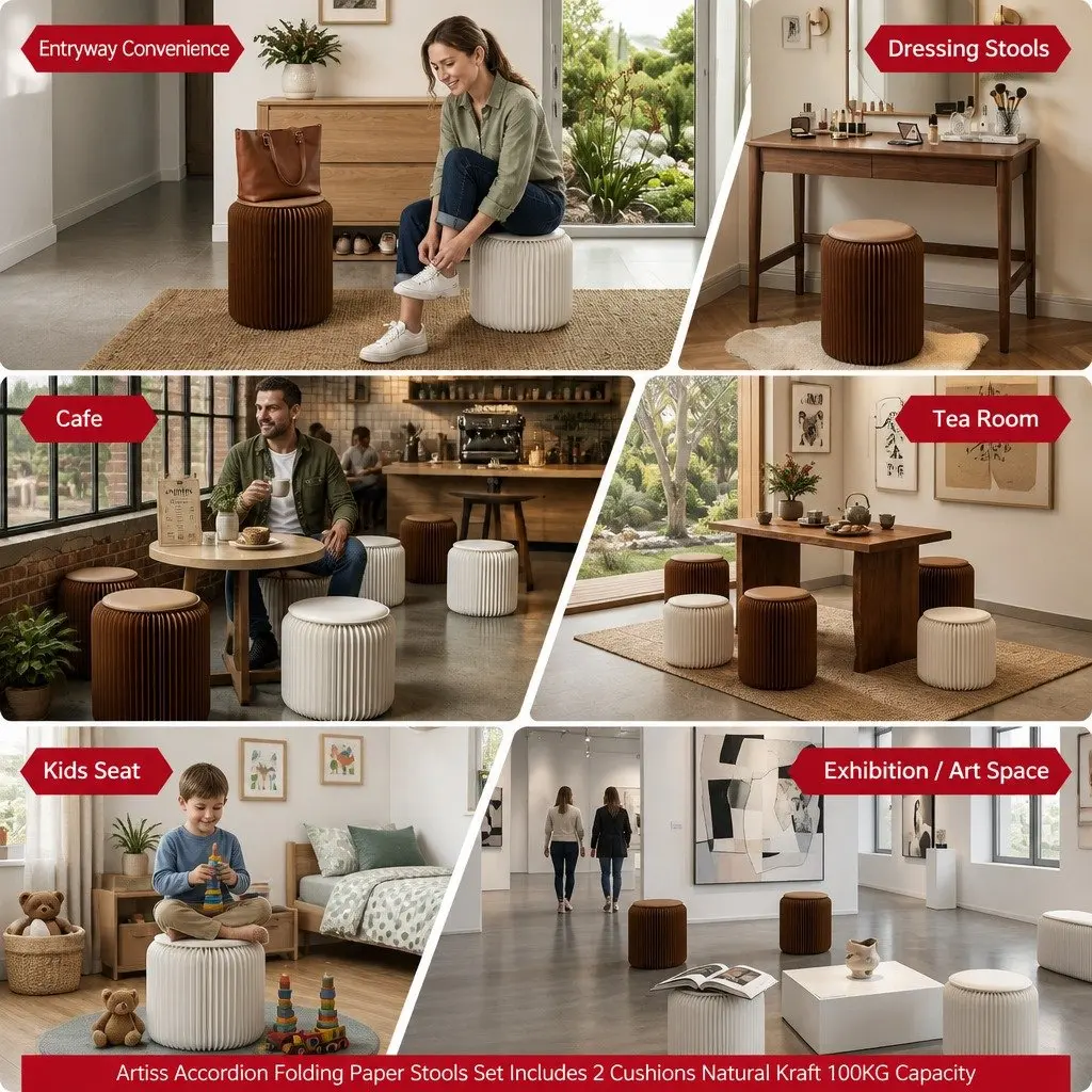 Accordion Folding Paper Stool Set 2 Cushions Modern Living Room Seating Solution
