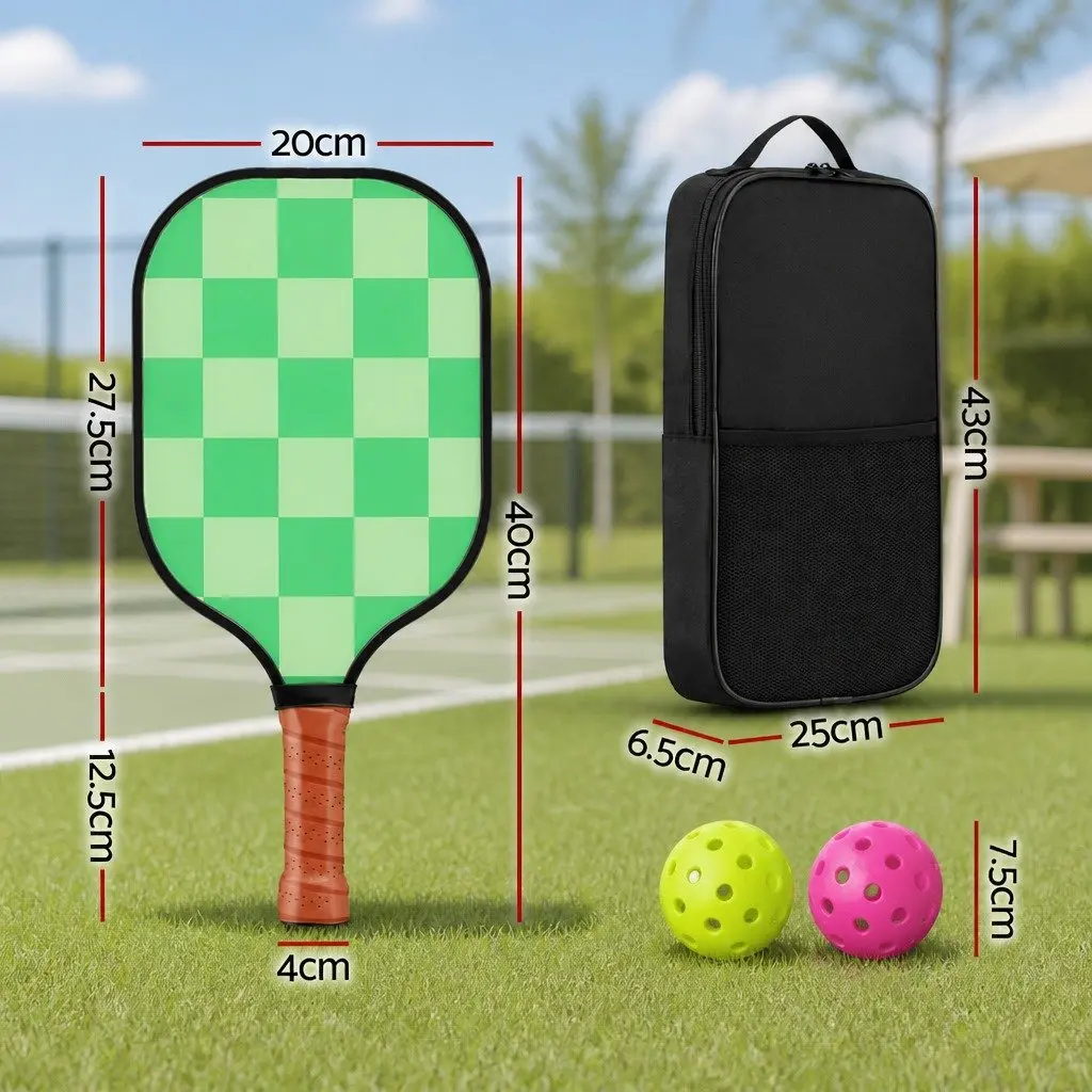 Pickleball Paddle Set Green Brown 40cm Fiberglass Surface Honeycomb Core Ergonomic Grip 2 Paddles 4 Balls 2 Portable Bags