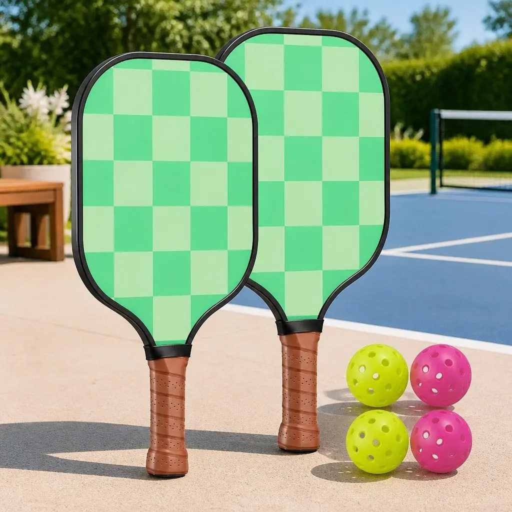 Pickleball Paddle Set Green Brown 40cm Fiberglass Surface Honeycomb Core Ergonomic Grip 2 Paddles 4 Balls 2 Portable Bags