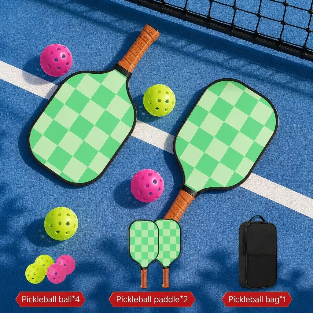 Pickleball Paddle Set Green Brown 40cm Fiberglass Surface Honeycomb Core Ergonomic Grip 2 Paddles 4 Balls 2 Portable Bags