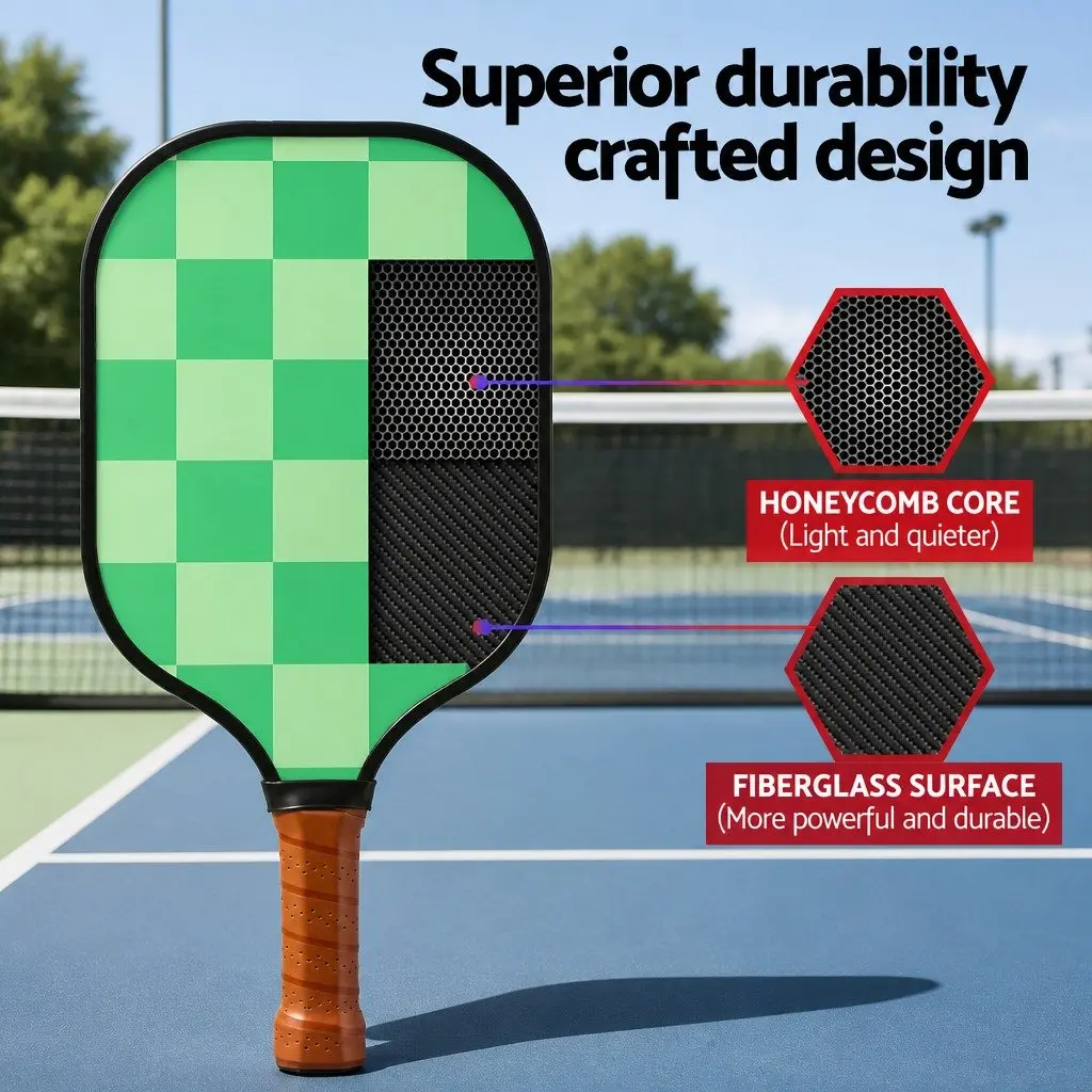 Pickleball Paddle Set Green Brown 40cm Fiberglass Surface Honeycomb Core Ergonomic Grip 2 Paddles 4 Balls 2 Portable Bags