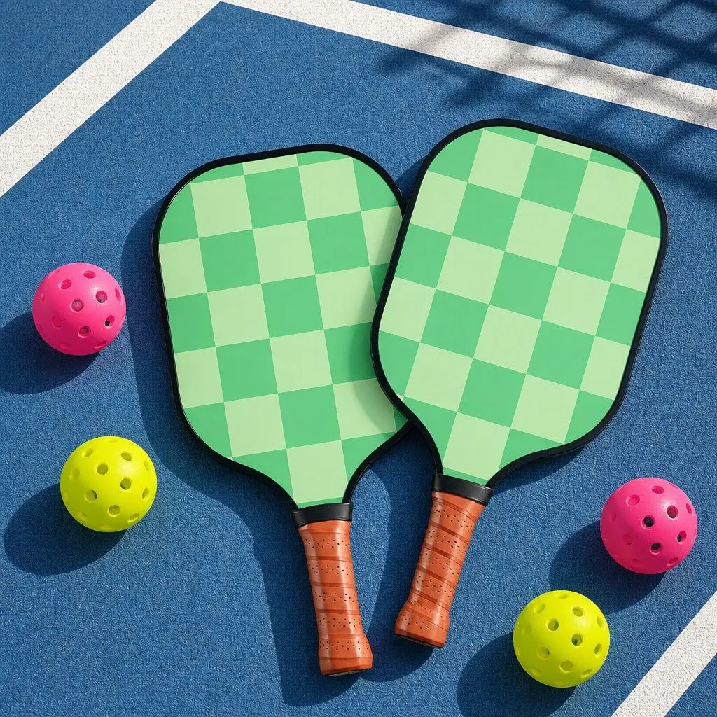 Pickleball Paddle Set Green Brown 40cm Fiberglass Surface Honeycomb Core Ergonomic Grip 2 Paddles 4 Balls 2 Portable Bags