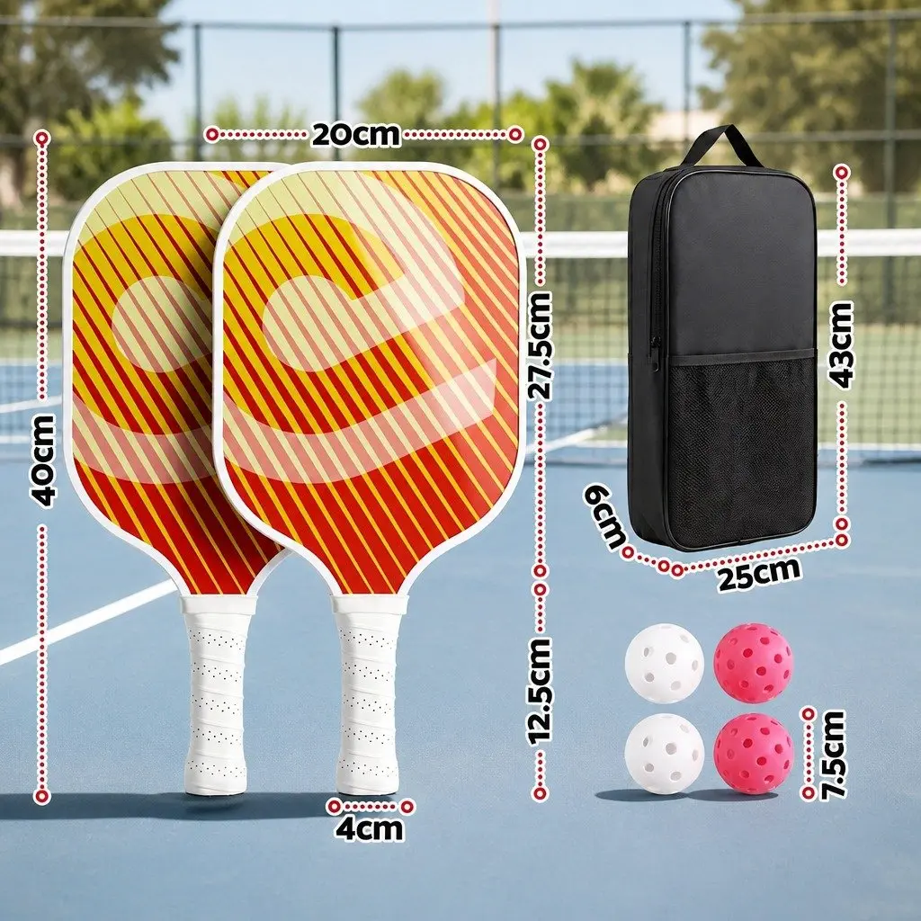 Pickleball Paddle Set Orange Honeycomb Core Fibreglass 2 Paddles 4 Balls with Carry Bag