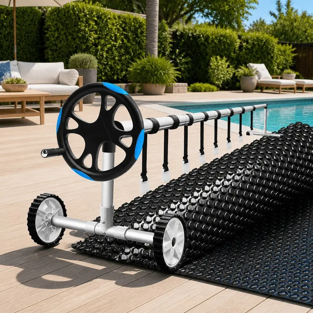 Solar Pool Cover 10x4m Black Blue 600 Micron with Aluminium Roller 5.55m Adjustable Easy Operation