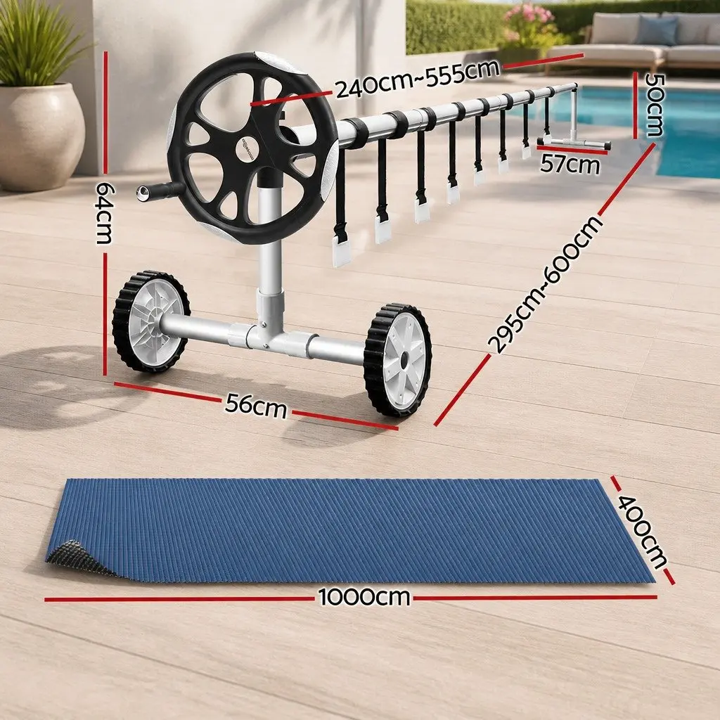 Pool Cover Solar Blanket 10x4m 600 Micron with Aluminium Roller 5.55m Black Blue