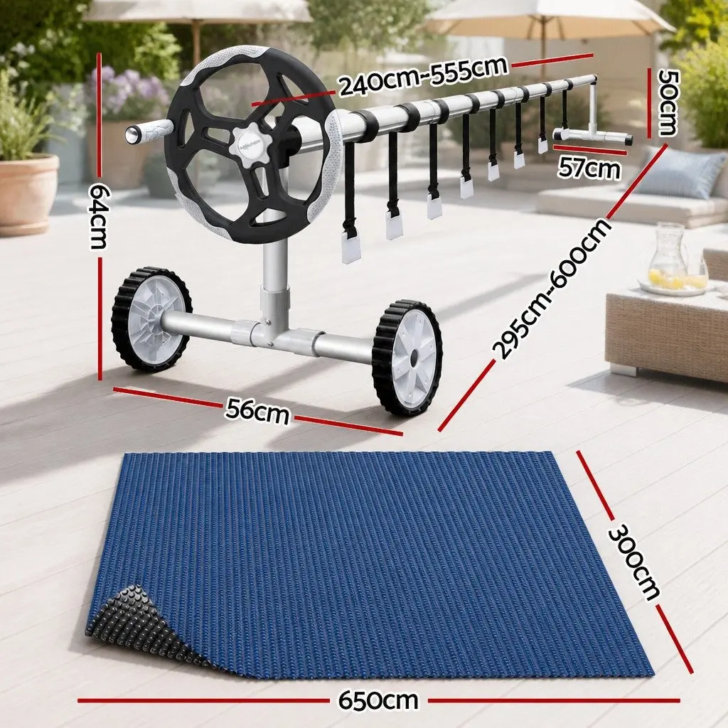 Solar Pool Cover 6.5x3m 600 Micron Blue Black with Aluminium Roller 5.55m Adjustable Easy Operation
