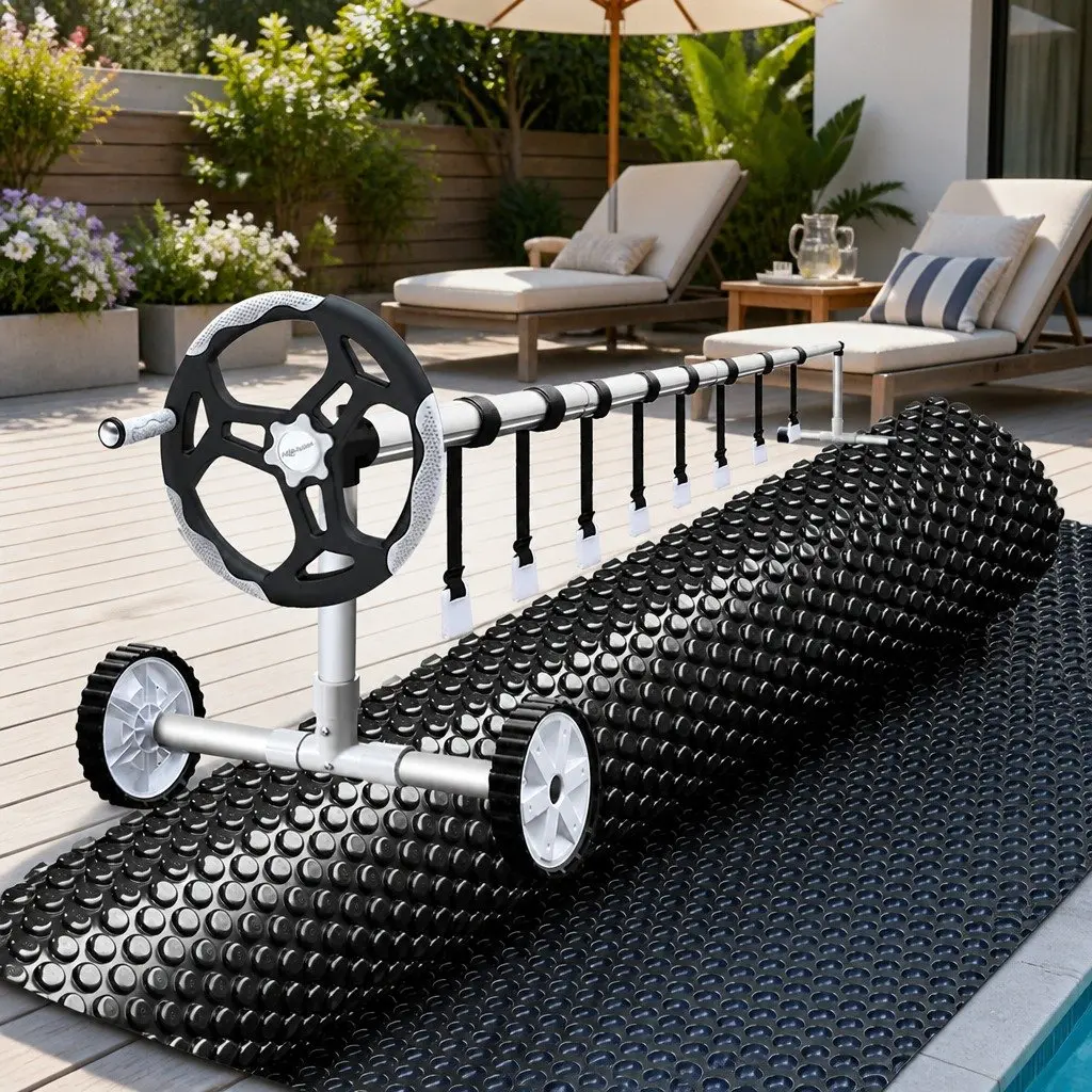 Solar Pool Cover 6.5x3m 600 Micron Blue Black with Aluminium Roller 5.55m Adjustable Easy Operation