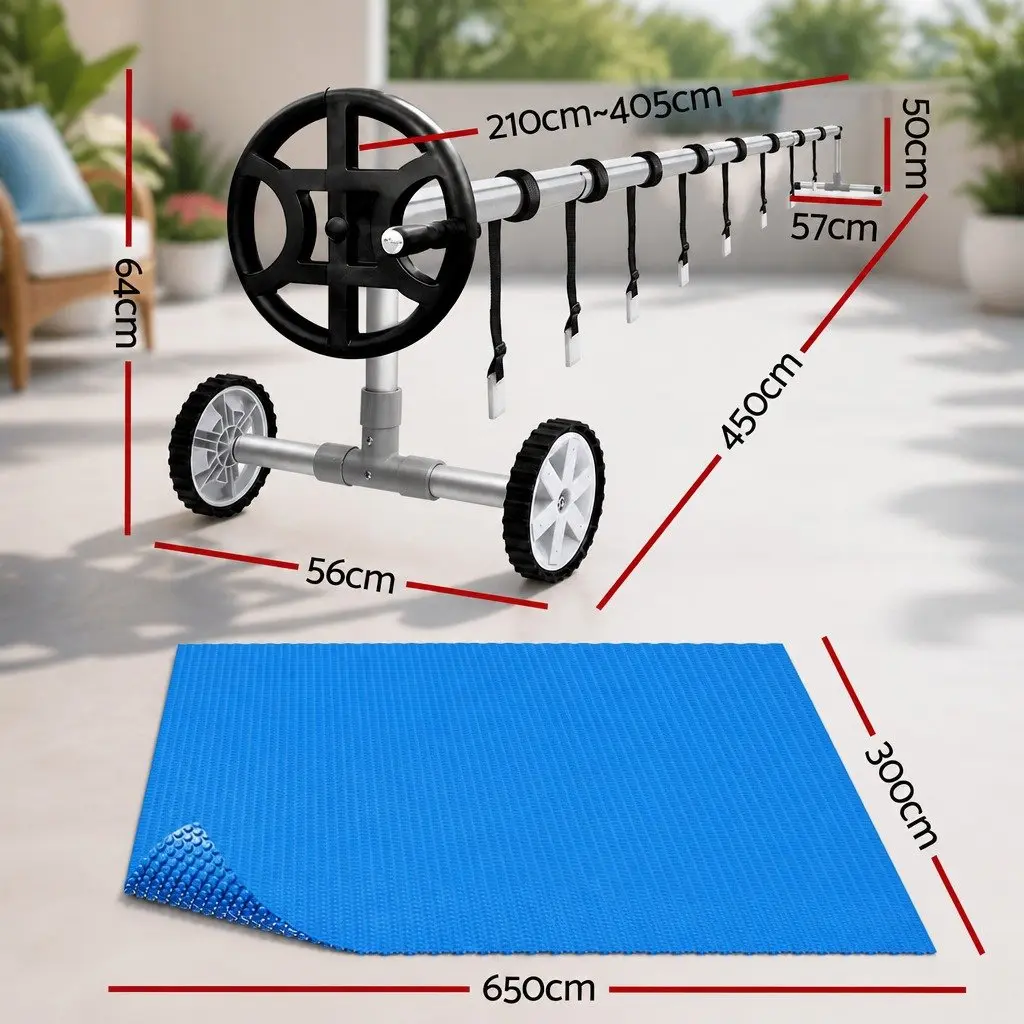 Pool Cover Blue 6.5m x 3m Solar Blanket 600 Micron with Aluminium Roller Crank Wheel