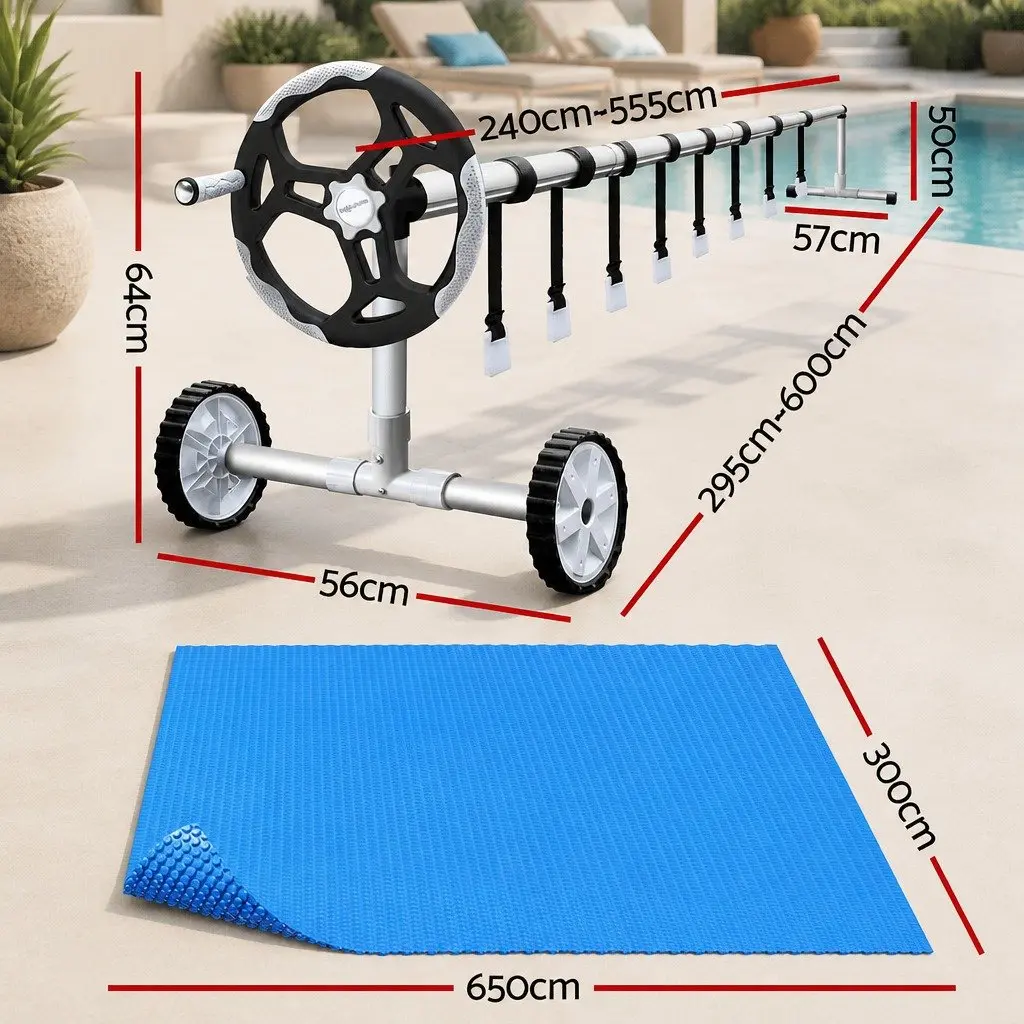 Solar Pool Cover Blue 6.5x3m 600 Micron with Aluminium Roller 5.55m Wide