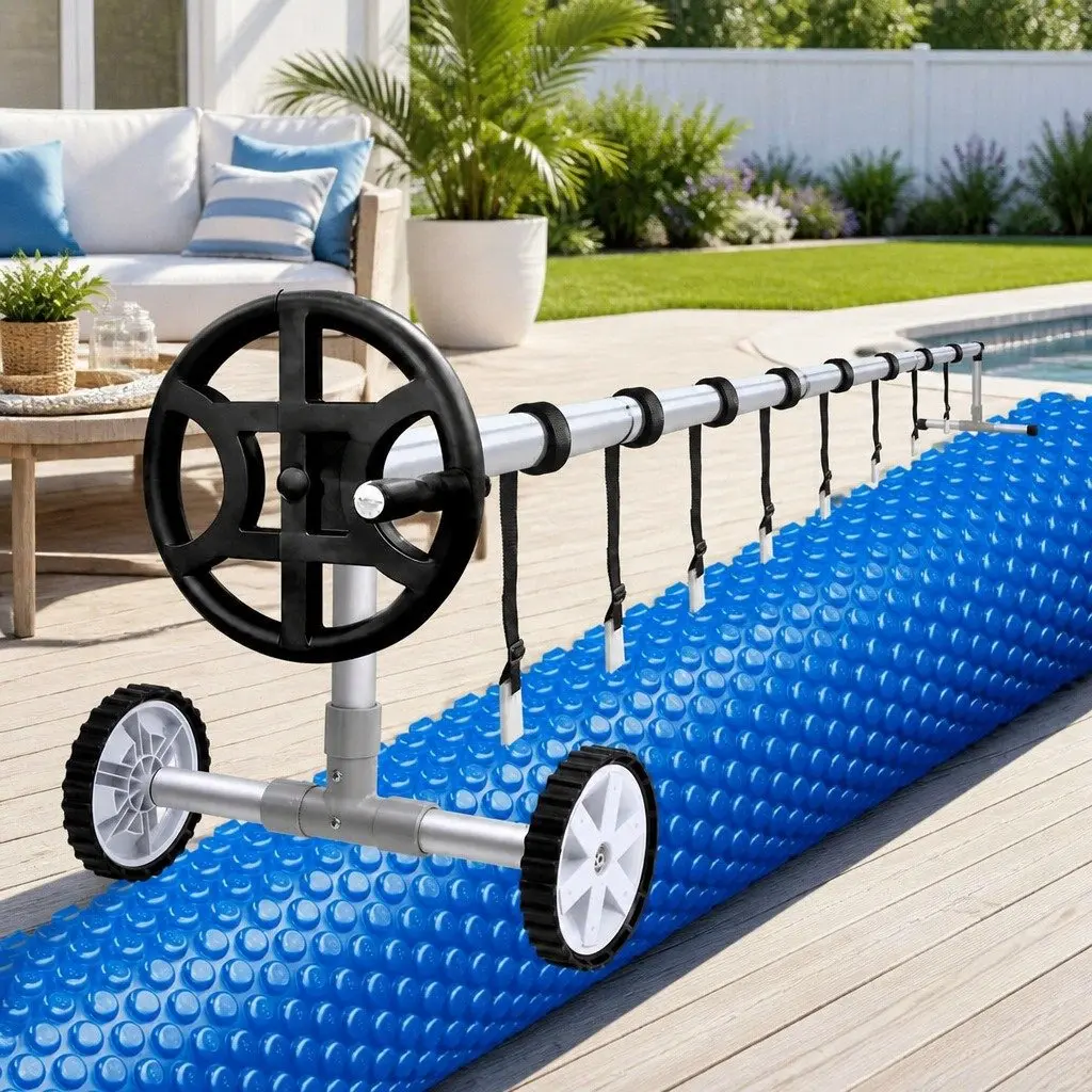Pool Cover Blue 7x4m Solar Blanket 600 Micron with Aluminium Roller Crank Wheel