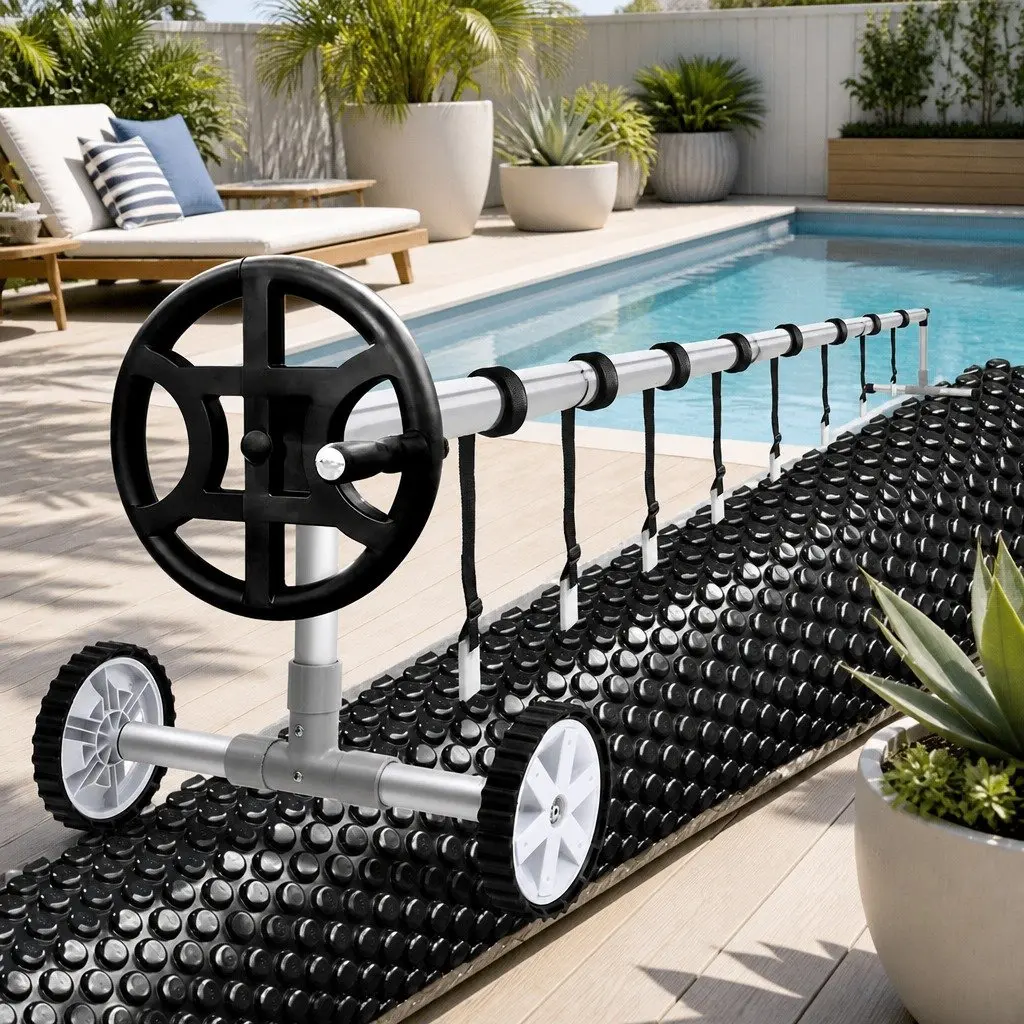 Pool Cover 7x4m Black Blue 600 Micron Solar Blanket with Aluminium Roller Crank