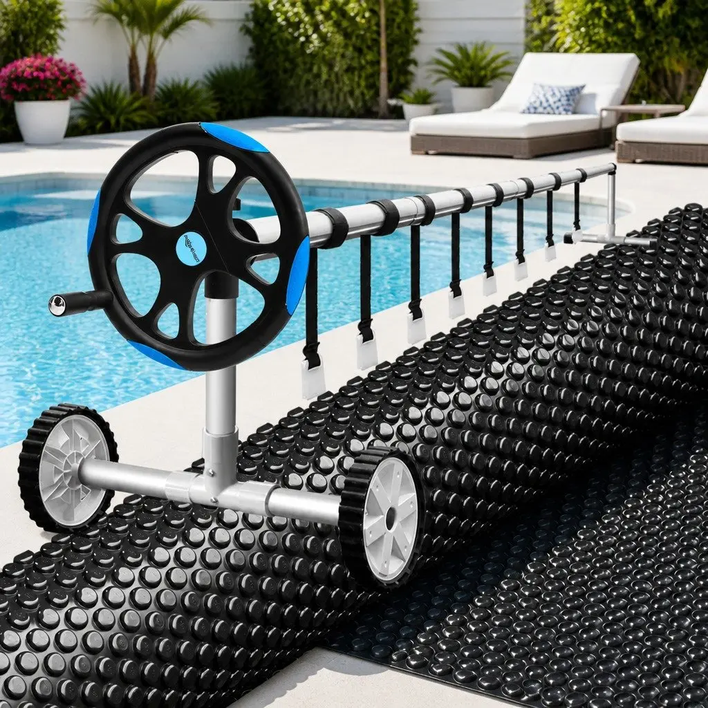 Solar Pool Cover Black Blue 7x4m 600 Micron with Aluminium Roller 5.55m