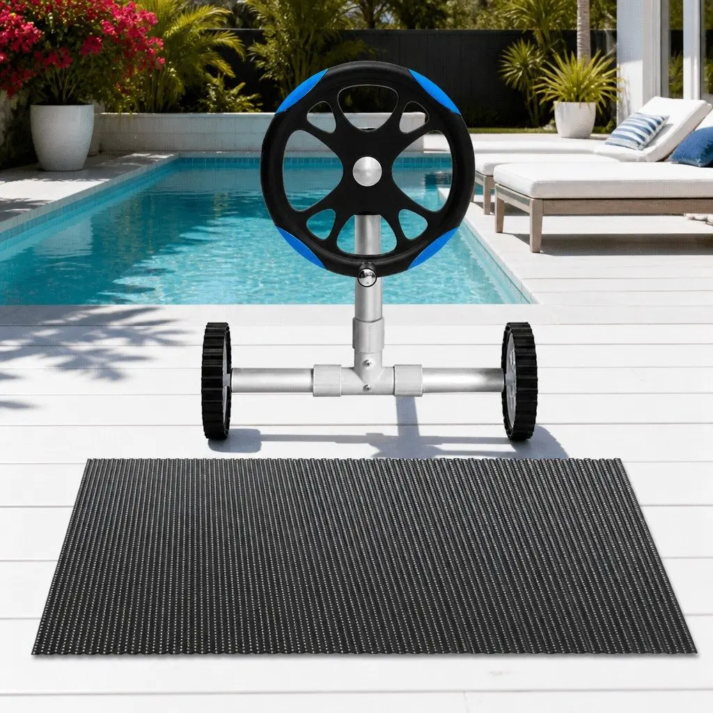 Solar Pool Cover Black Blue 7x4m 600 Micron with Aluminium Roller 5.55m