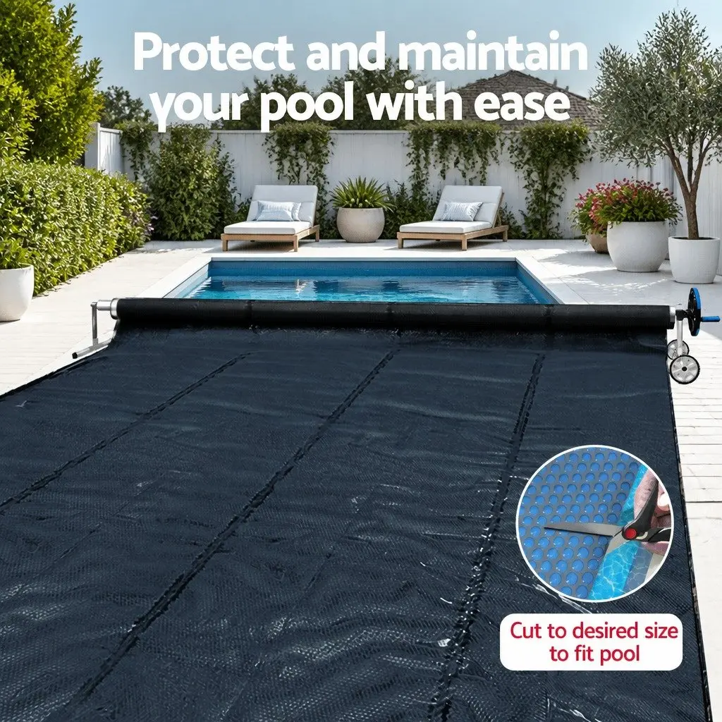 Solar Pool Cover Black Blue 7x4m 600 Micron with Aluminium Roller 5.55m