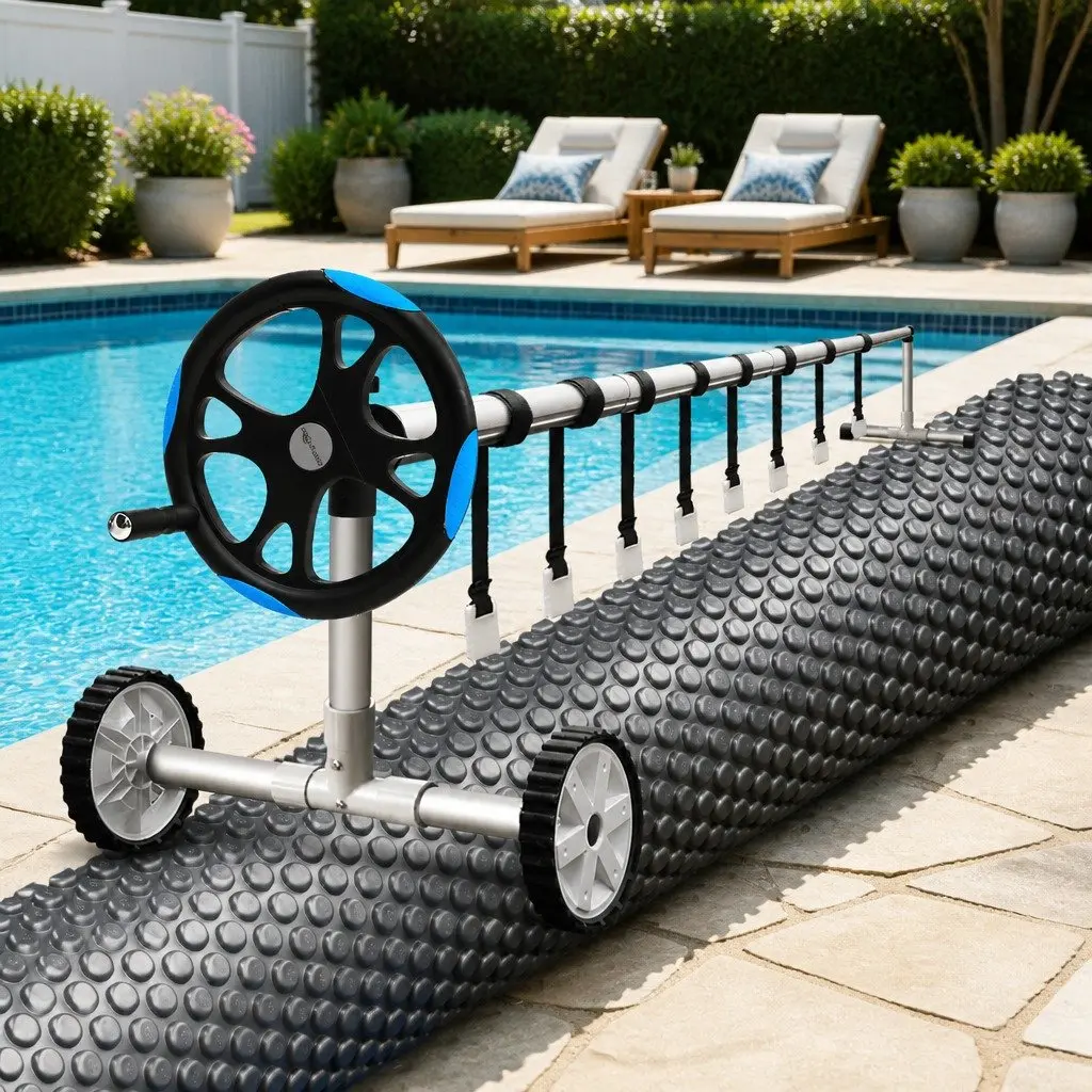 Solar Pool Cover Blue 8x4.2m with Aluminium Roller 5.55m 600 Micron