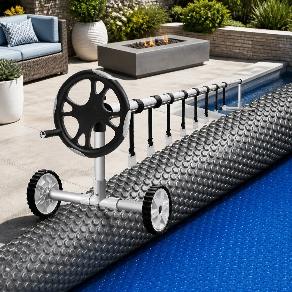 Solar Pool Cover Blue 8x4.2m 600 Micron Heat Blanket with Adjustable Aluminium Roller 5.55m