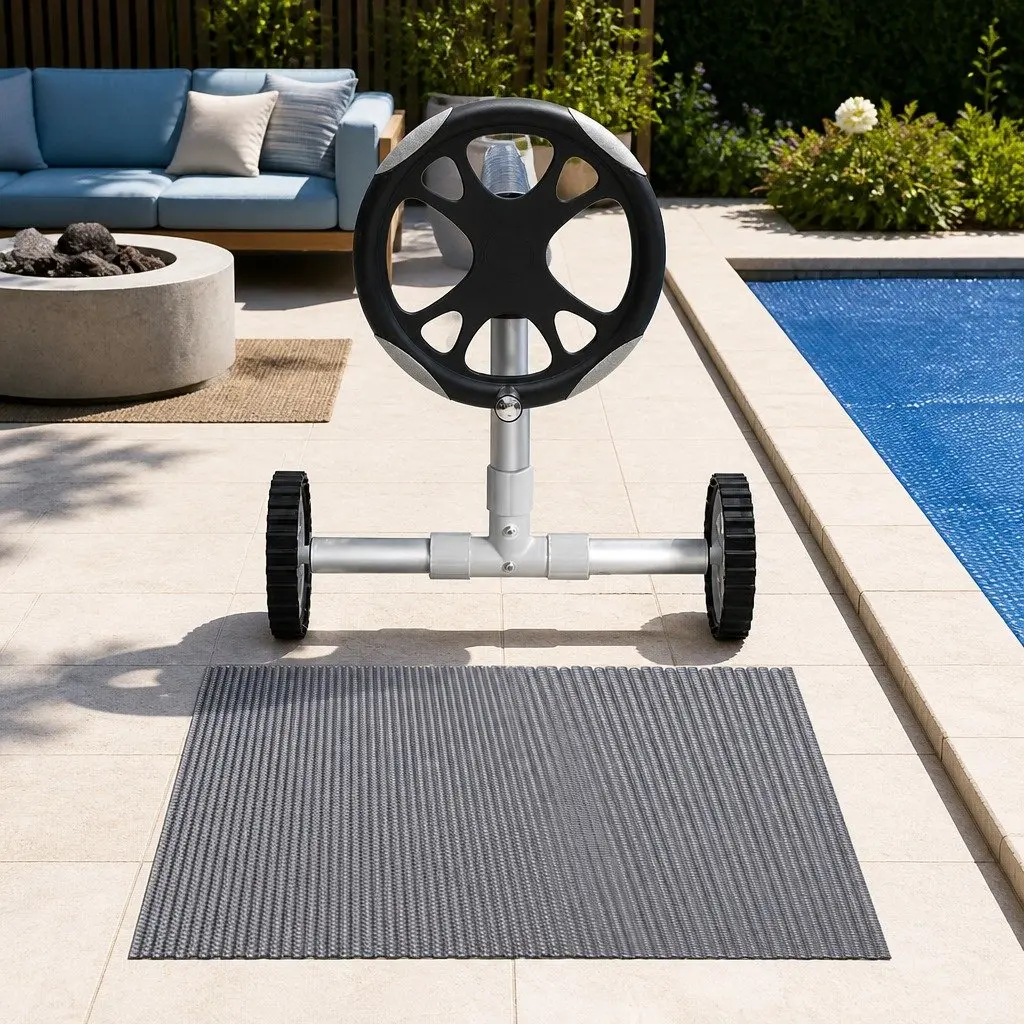 Solar Pool Cover Blue 8x4.2m 600 Micron Heat Blanket with Adjustable Aluminium Roller 5.55m