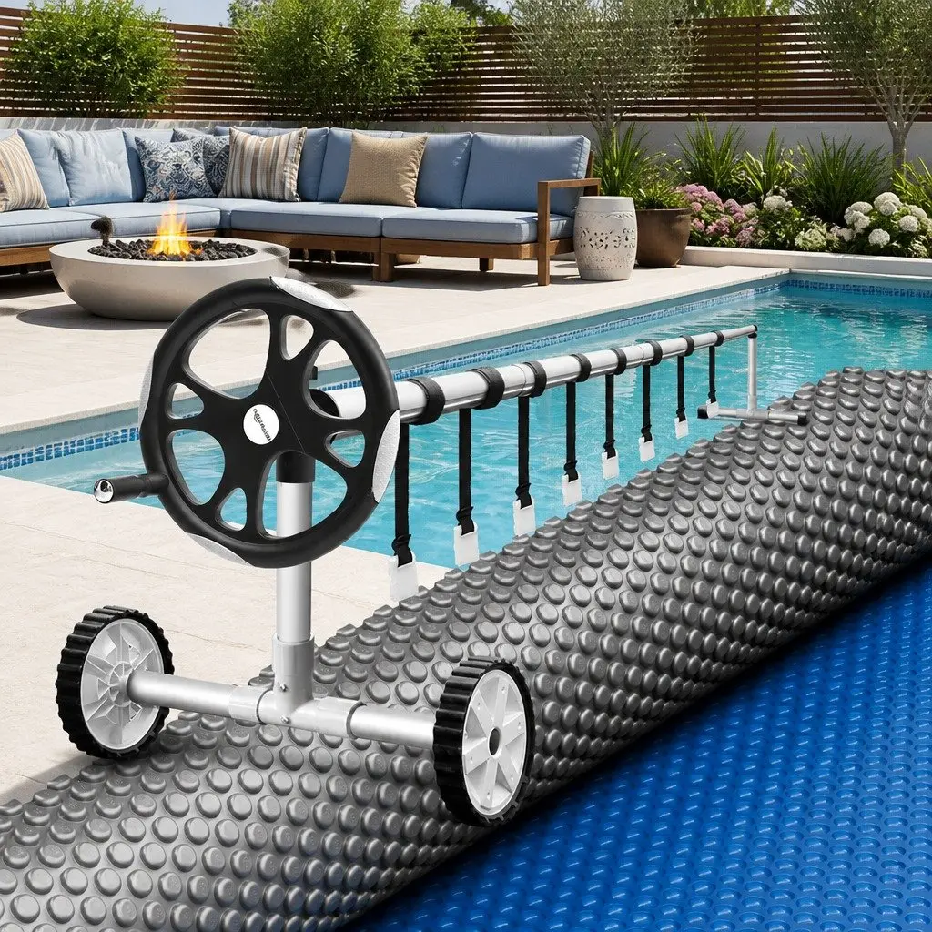 Solar Pool Cover Blue 8x4.2m 600 Micron Heat Blanket with Adjustable Aluminium Roller 5.55m