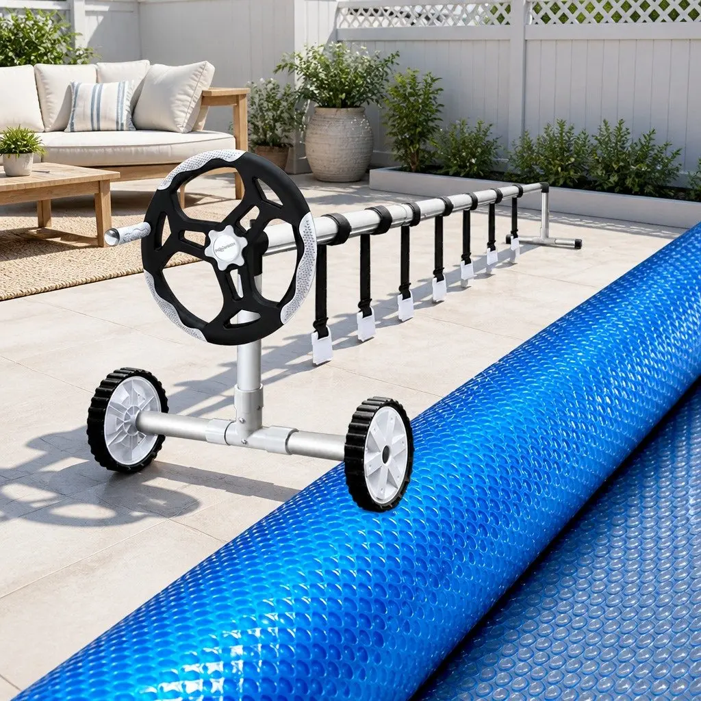 Solar Pool Cover Blue 8.5x4.2m 500 Micron with Aluminium Roller Adjustable Length