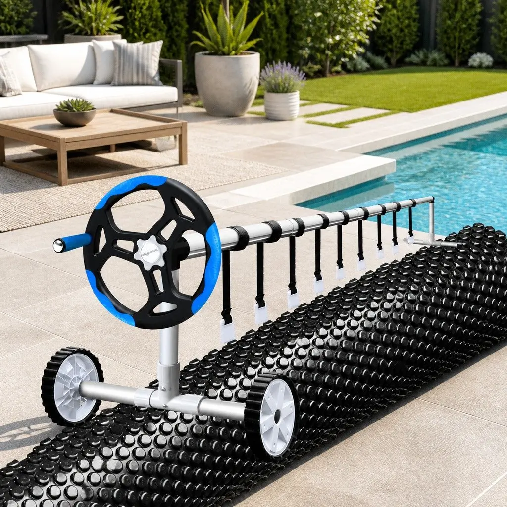Solar Pool Cover Blue and Black 9.5x5m 600 Micron with Aluminium Roller 5.55m Width