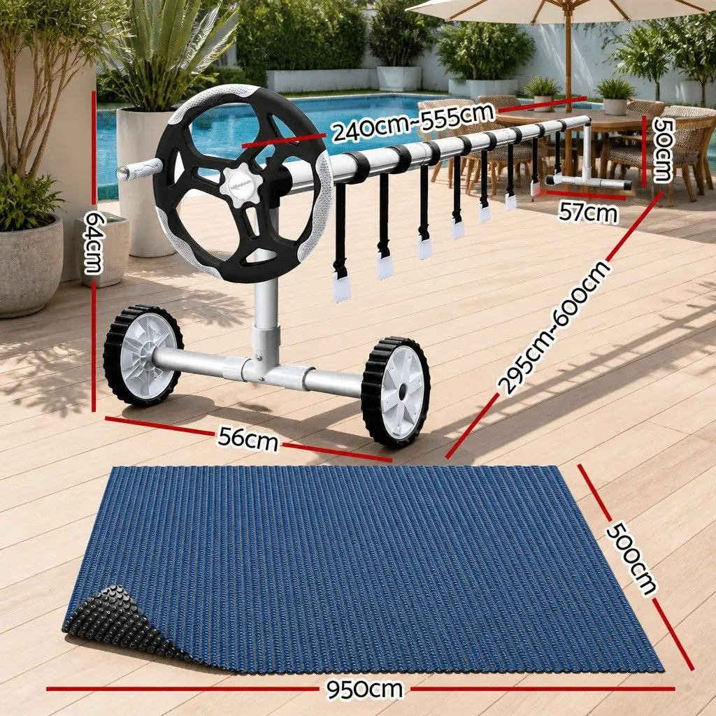 Solar Pool Cover Blue Black 9.5x5m 600 Micron with Aluminium Roller 5.55m Width