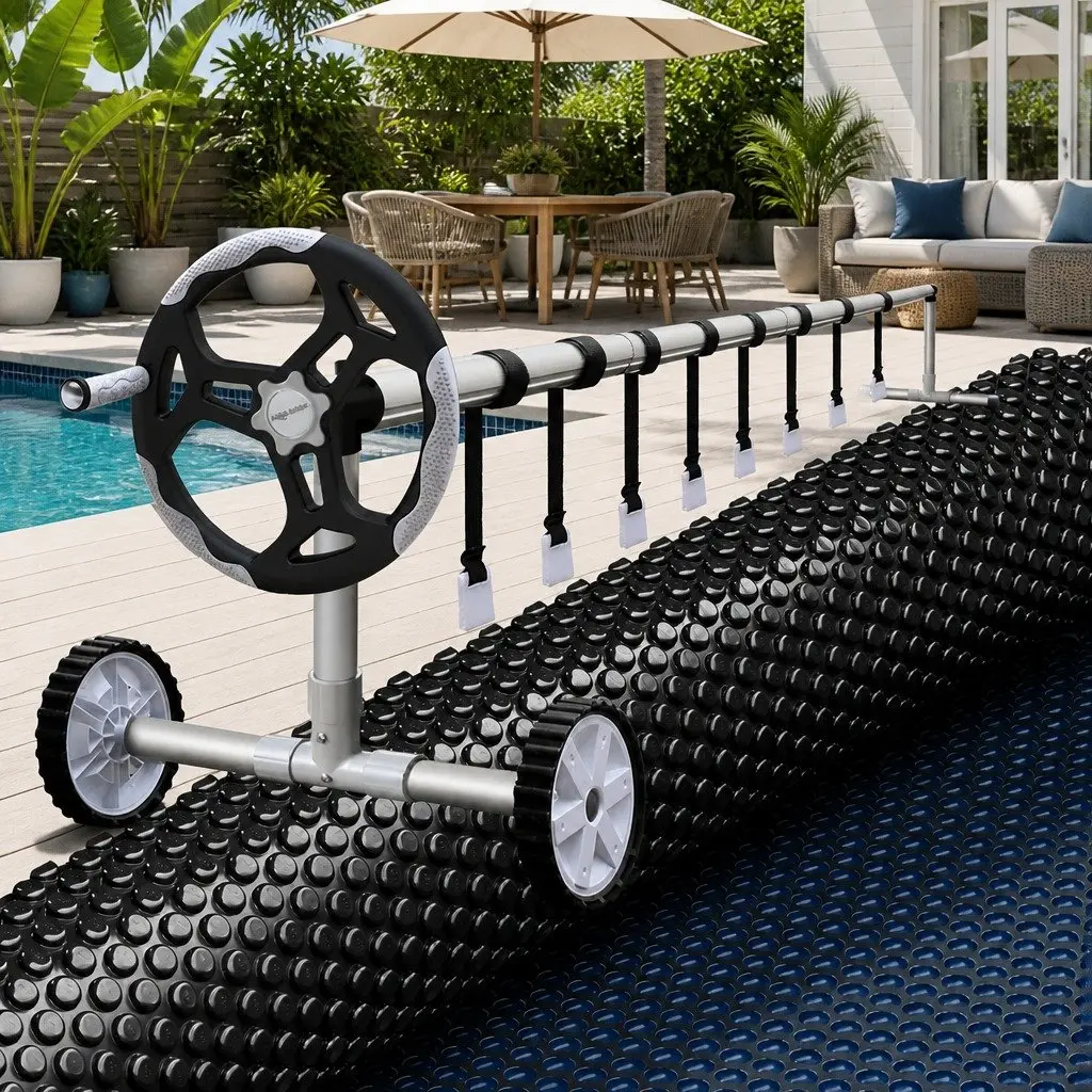 Solar Pool Cover Blue Black 9.5x5m 600 Micron with Aluminium Roller 5.55m Width