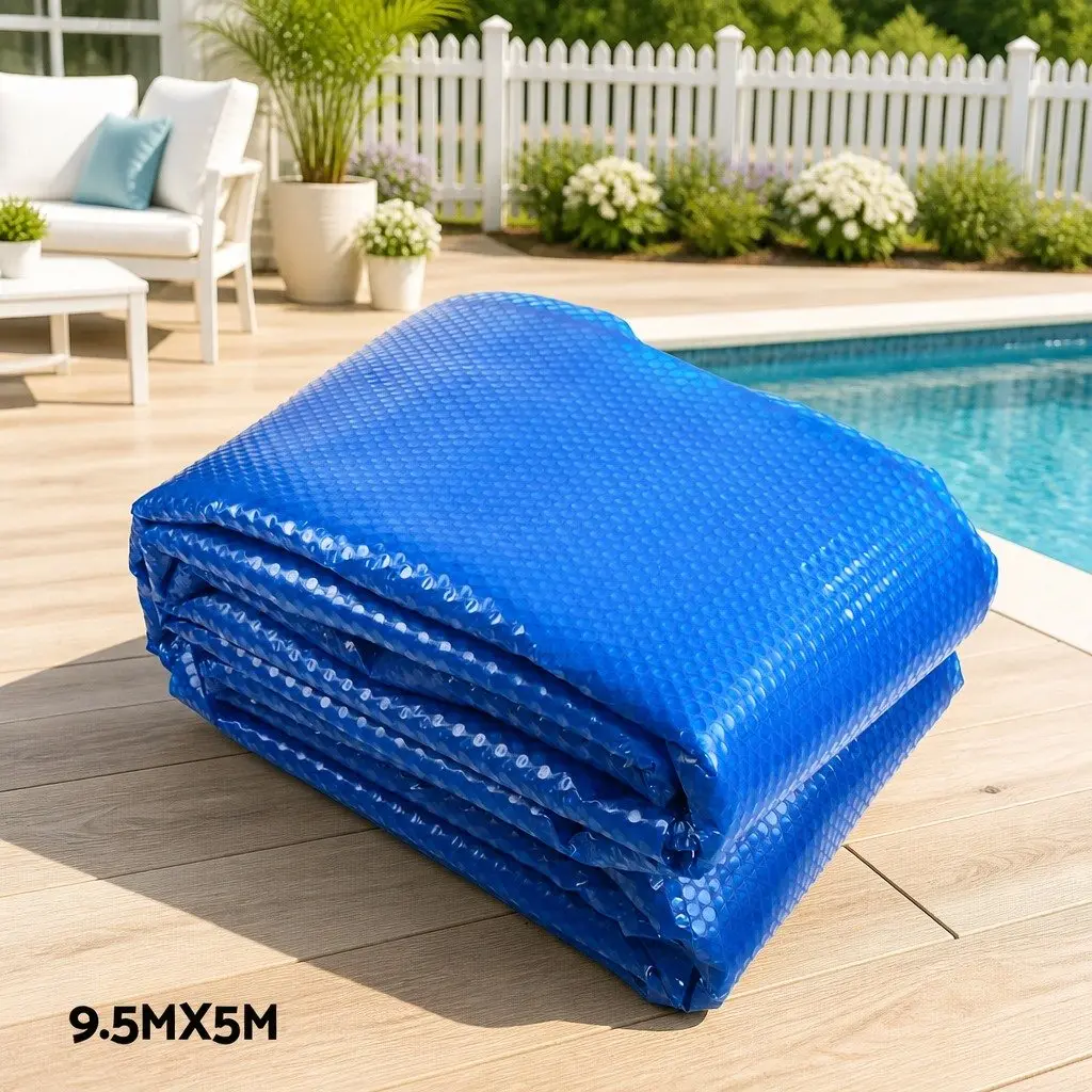 Pool Cover Blue and Silver 9.5x5m 400 Micron Solar Blanket with Adjustable Aluminium Roller