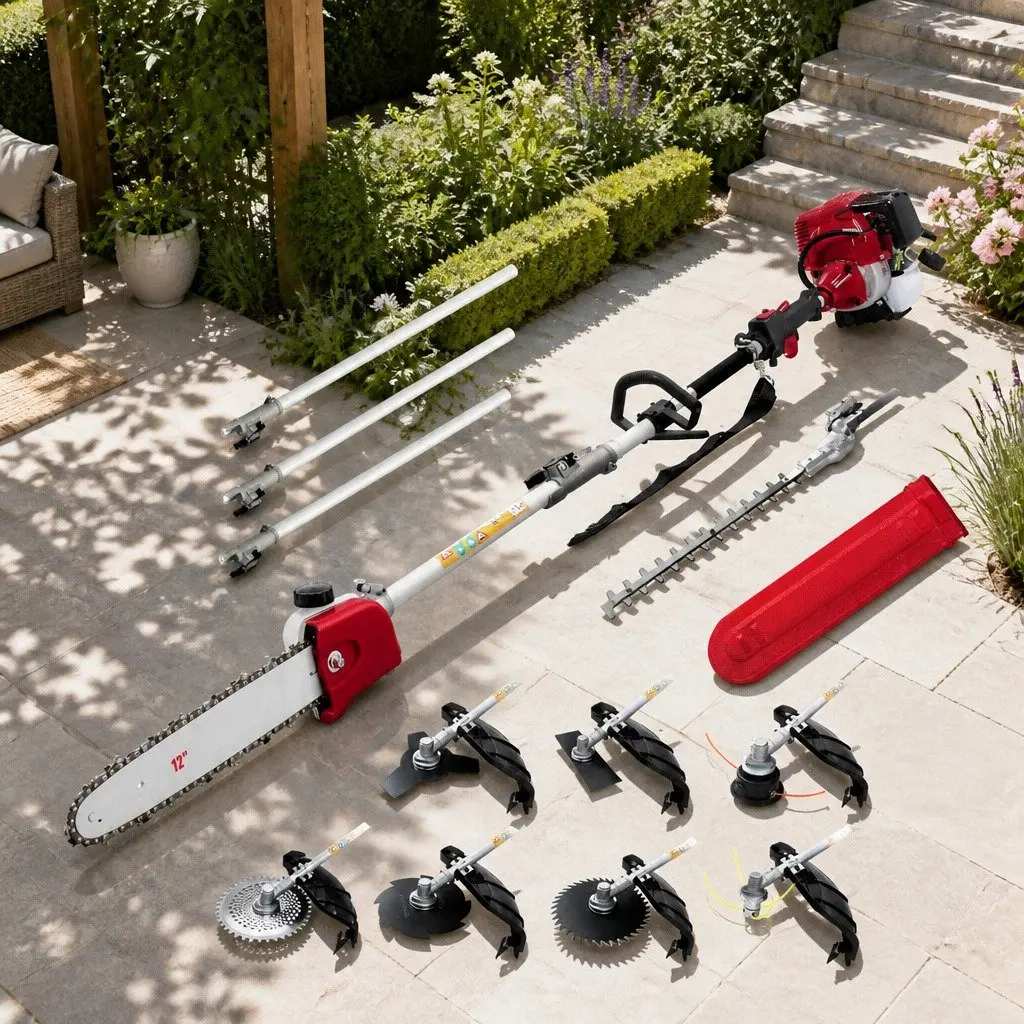 4 Stroke Pole Chainsaw Red 12 Inch Multi Tool with Interchangeable Attachments for Chainsaw Hedge Trimmer Brush Cutter and More