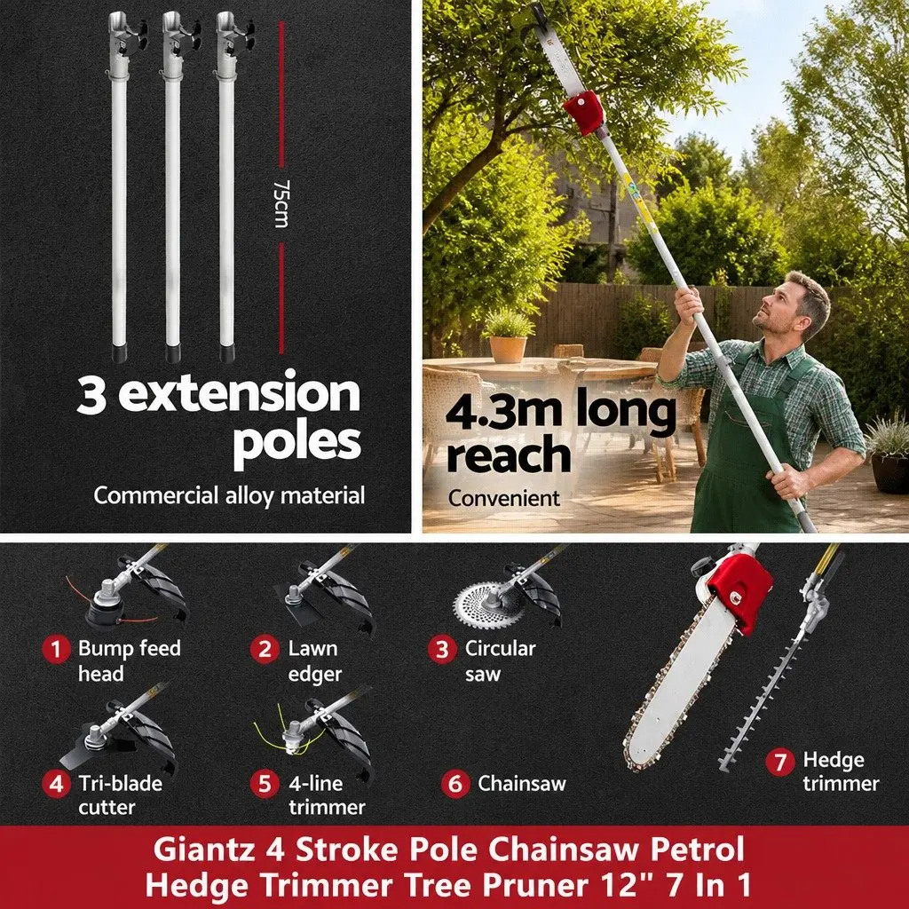 4 Stroke Pole Chainsaw Petrol Hedge Trimmer Tree Pruner 12 Inch 7 in 1