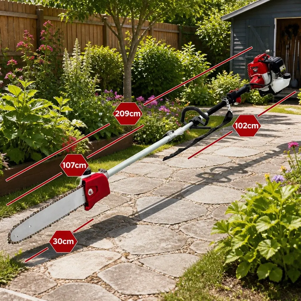 52cc Pole Chainsaw 2 Stroke Petrol Tree Pruner 12 Inch Bar 7 In 1 Garden Tool