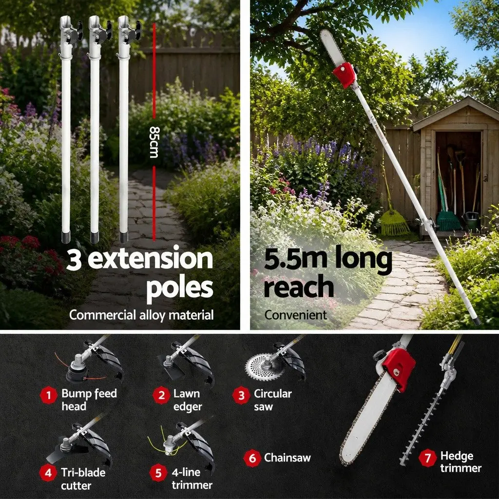 52cc Pole Chainsaw 2 Stroke Petrol Tree Pruner 12 Inch Bar 7 In 1 Garden Tool