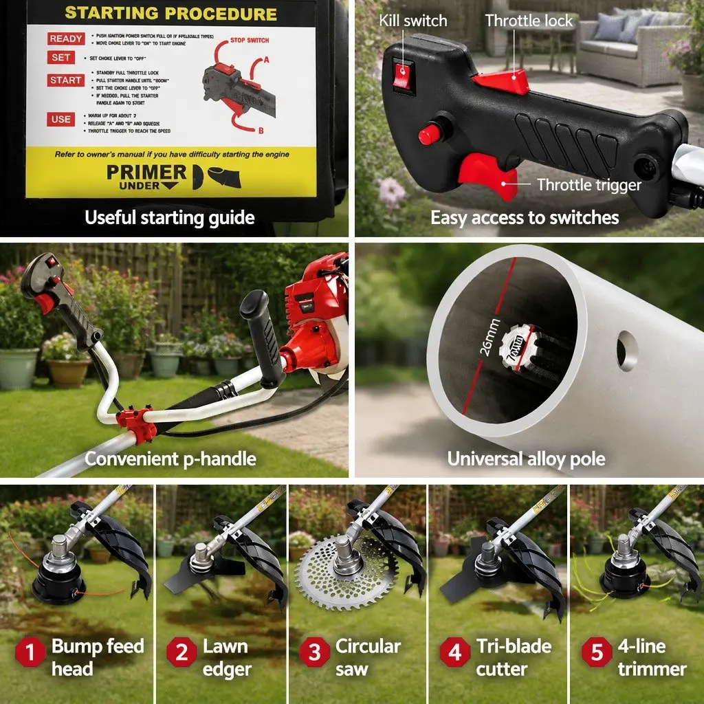 Pole Chainsaw Red 52cc 5 In 1 Multi-Tool with Circular Saw Brush Cutter Whipper Snipper
