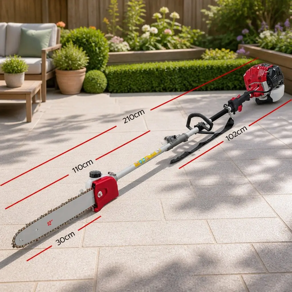 Pole Chainsaw Red 52cc 2 Stroke Petrol 9 In 1 Multi Tool with Hedge Trimmer Brush Cutter Whipper Snipper and Extension Poles