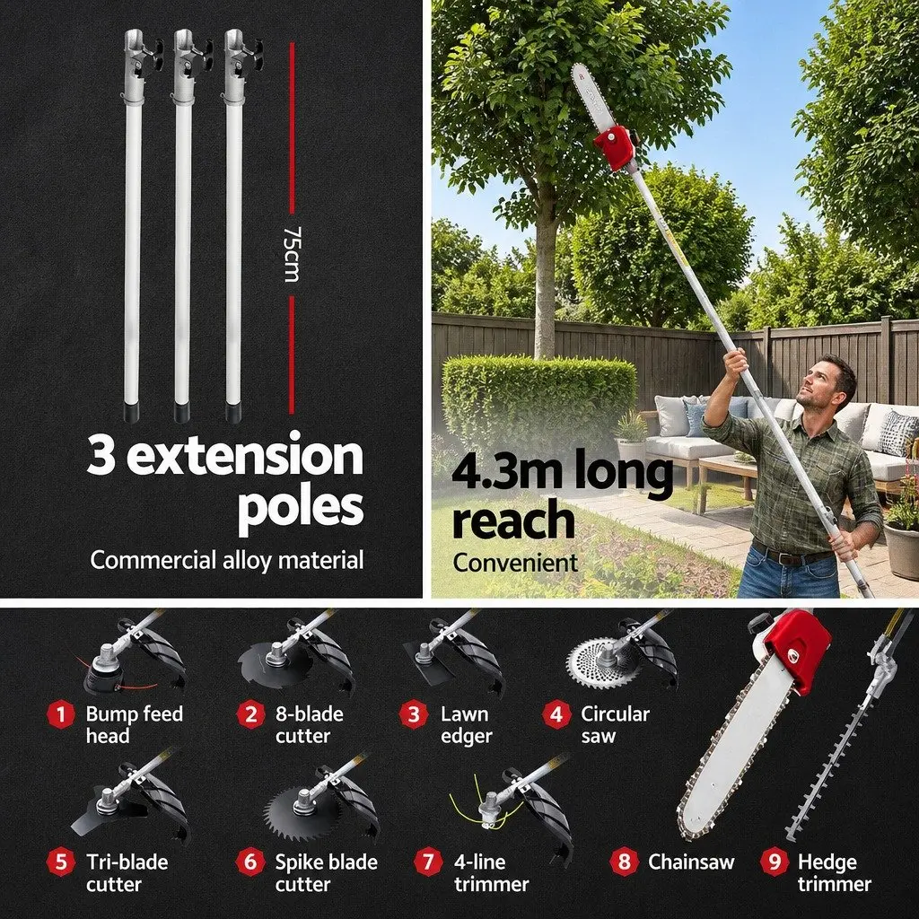 Pole Chainsaw Red 52cc 2 Stroke Petrol 9 In 1 Multi Tool with Hedge Trimmer Brush Cutter Whipper Snipper and Extension Poles