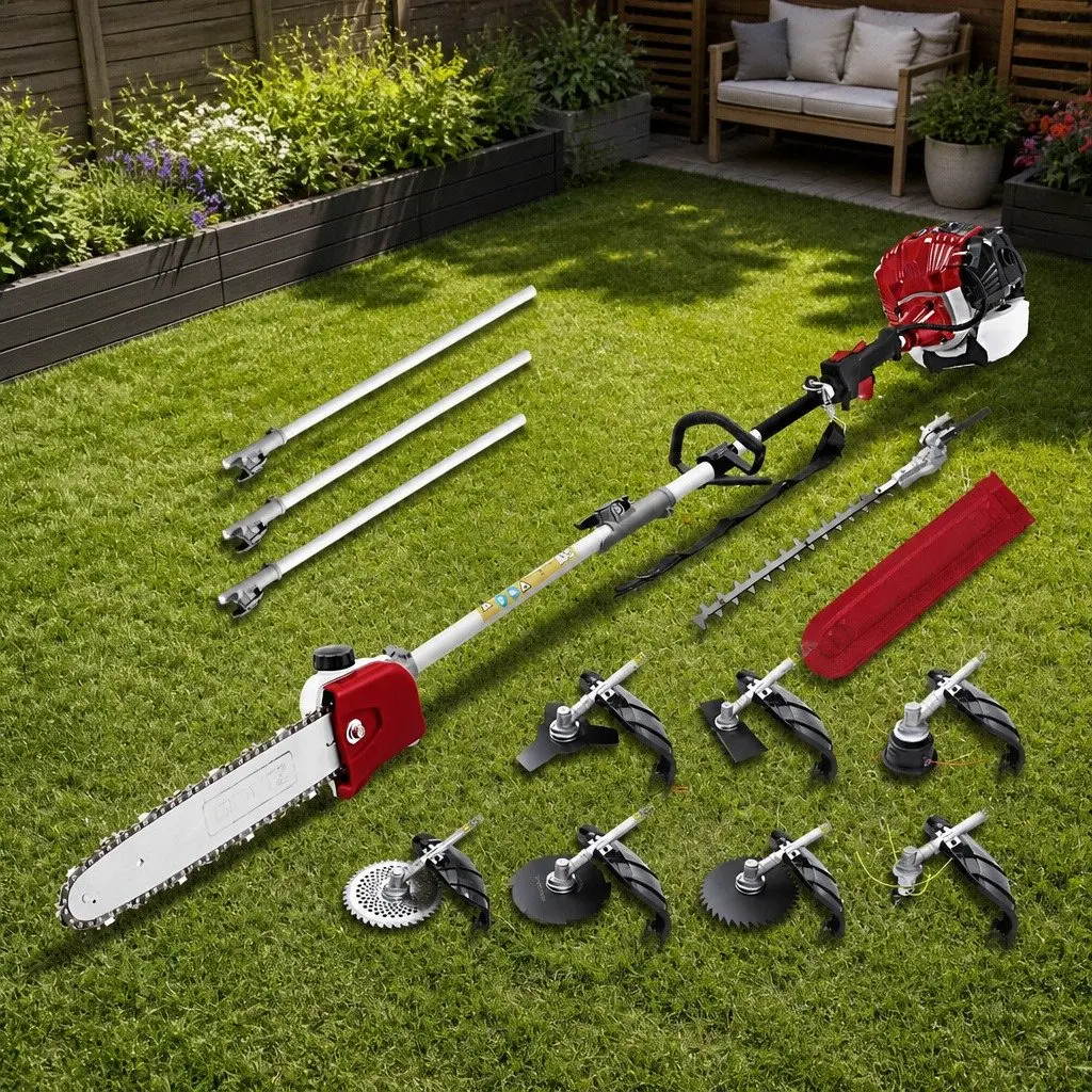 Pole Chainsaw Red 52cc 2 Stroke Petrol 9 In 1 Multi Tool with Hedge Trimmer Brush Cutter Whipper Snipper and Extension Poles