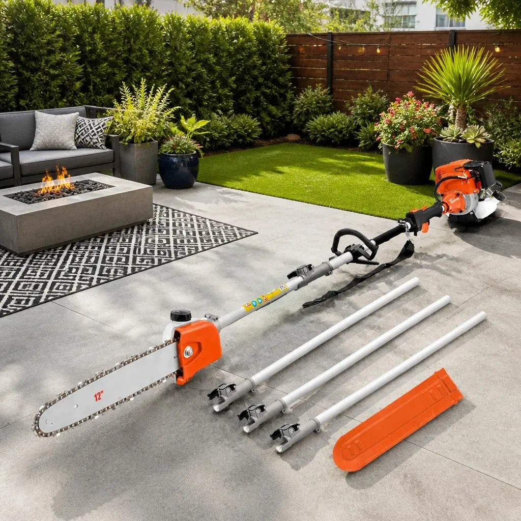 4 Stroke Petrol Pole Chainsaw Long Reach Tree Pruner 12 Inch Bar 5.6m Extension