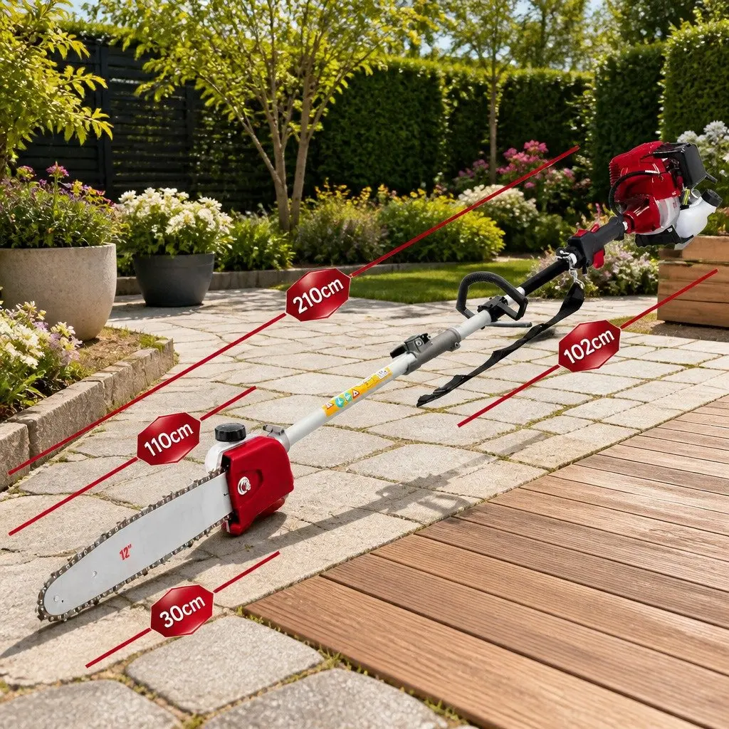 Pole Chainsaw Black Red 52cc 12 Inch 2-in-1 Hedge Trimmer with Three Extension Poles for High-Reach Cutting