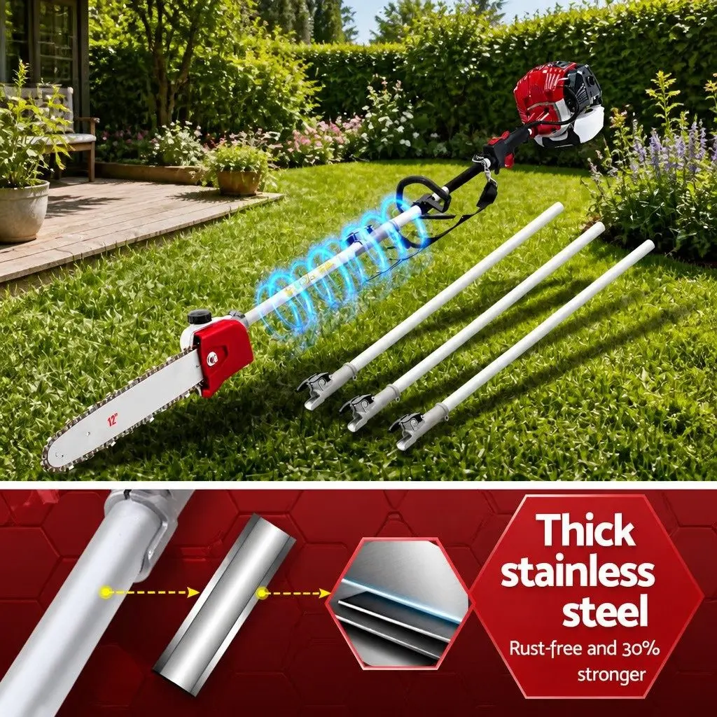 Pole Chainsaw Black Red 52cc 12 Inch 2-in-1 Hedge Trimmer with Three Extension Poles for High-Reach Cutting