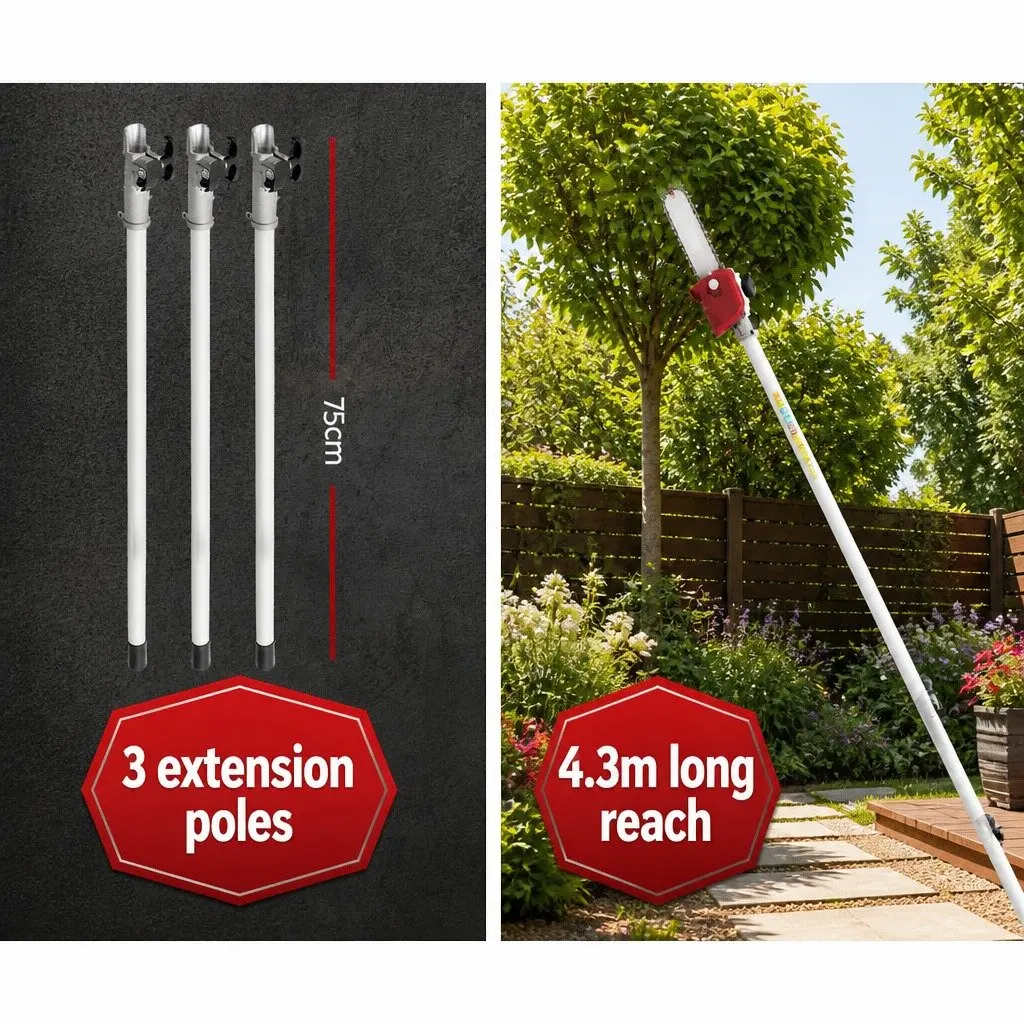Pole Chainsaw Black Red 52cc 12 Inch 2-in-1 Hedge Trimmer with Three Extension Poles for High-Reach Cutting