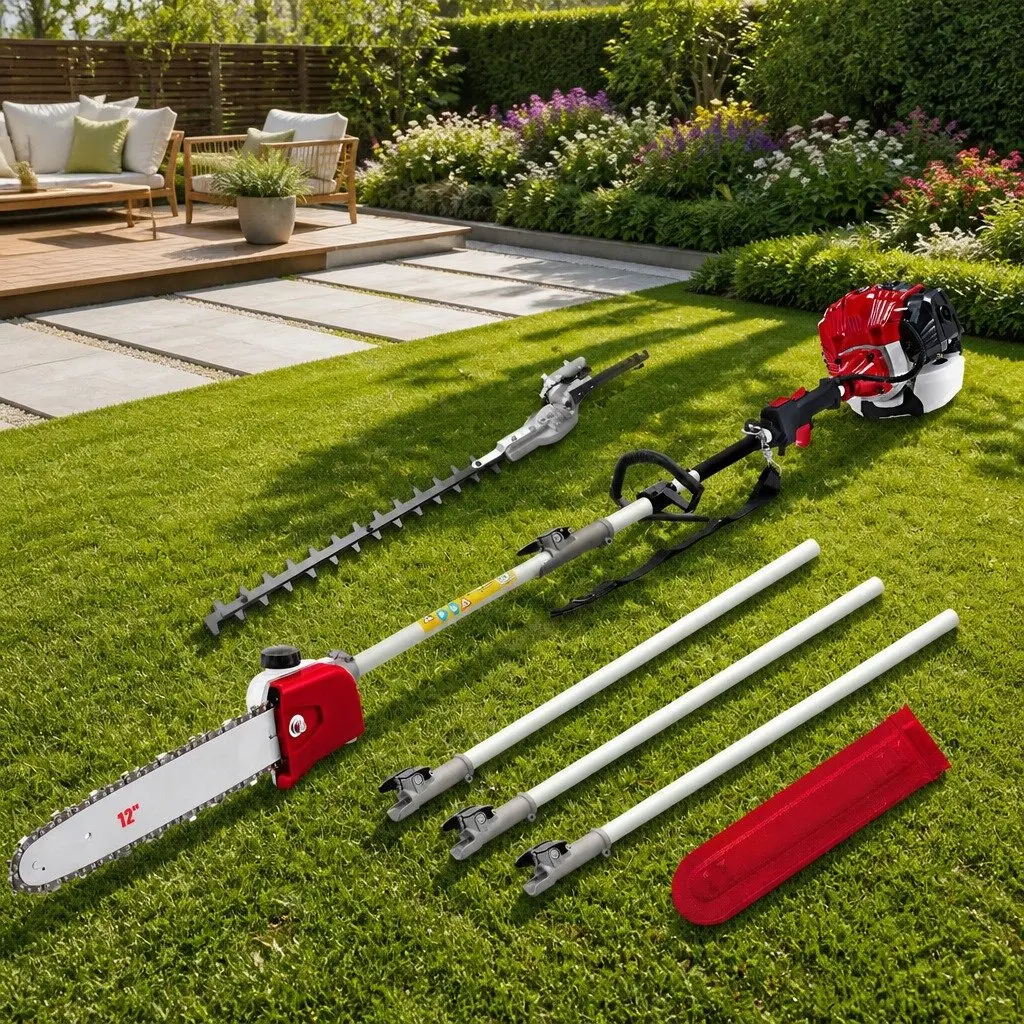Pole Chainsaw Black Red 52cc 12 Inch 2-in-1 Hedge Trimmer with Three Extension Poles for High-Reach Cutting