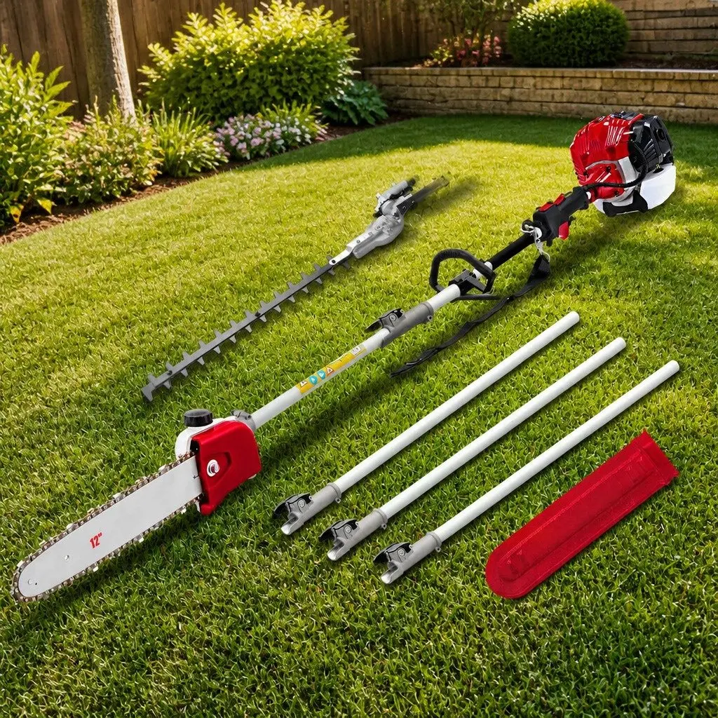 Pole Chainsaw Black Red 52cc 12 Inch 2-in-1 Hedge Trimmer with Three Extension Poles for High-Reach Cutting