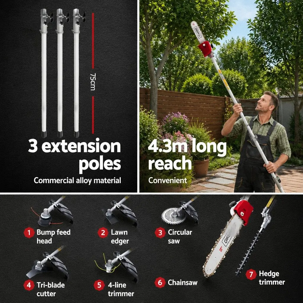 Pole Chainsaw Red 52cc 2 Stroke 7 in 1 Multi Tool Hedge Trimmer Tree Pruner Cutter