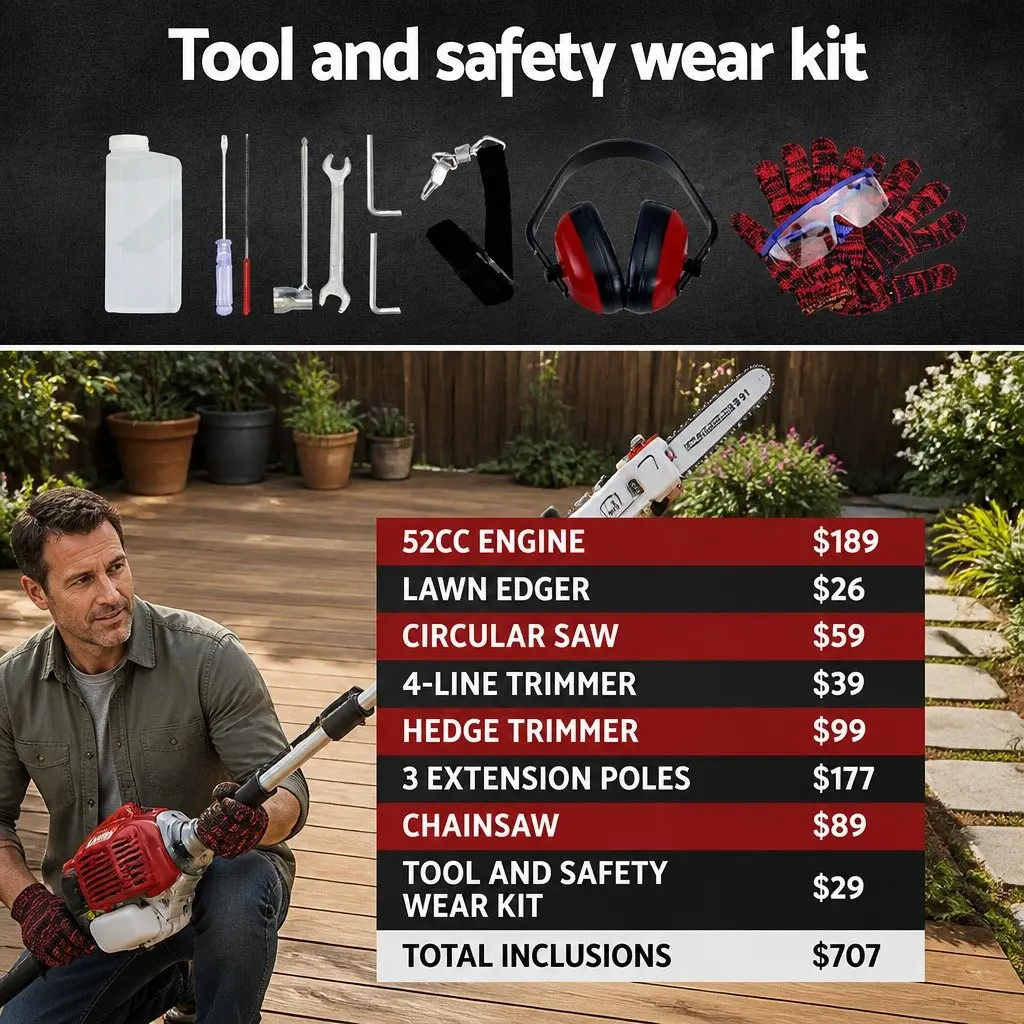 Pole Chainsaw Red 52cc 2 Stroke 7 in 1 Multi Tool Hedge Trimmer Tree Pruner Cutter