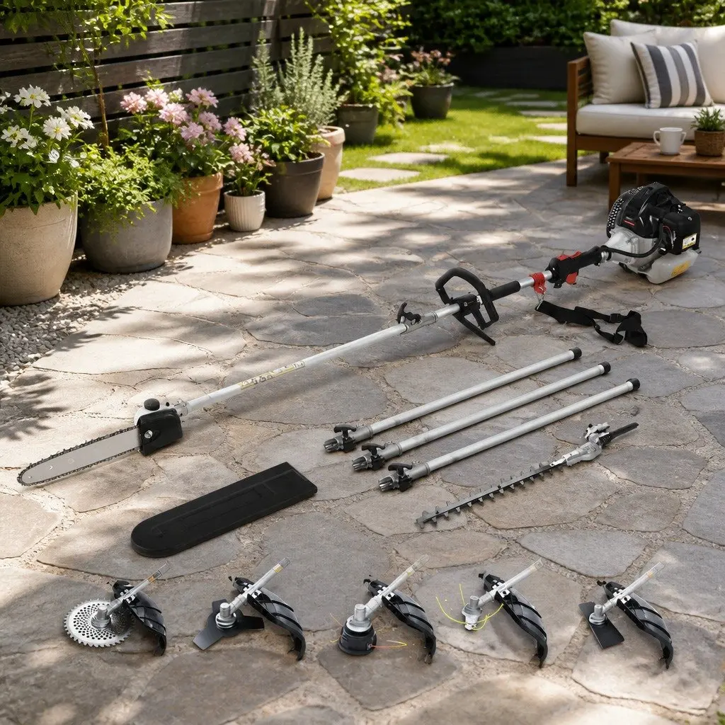 65CC Petrol Pole Chainsaw Silver 7-in-1 Multi-Tool with Hedge Trimmer Brush Cutter Whipper Snipper and Three Extension Poles