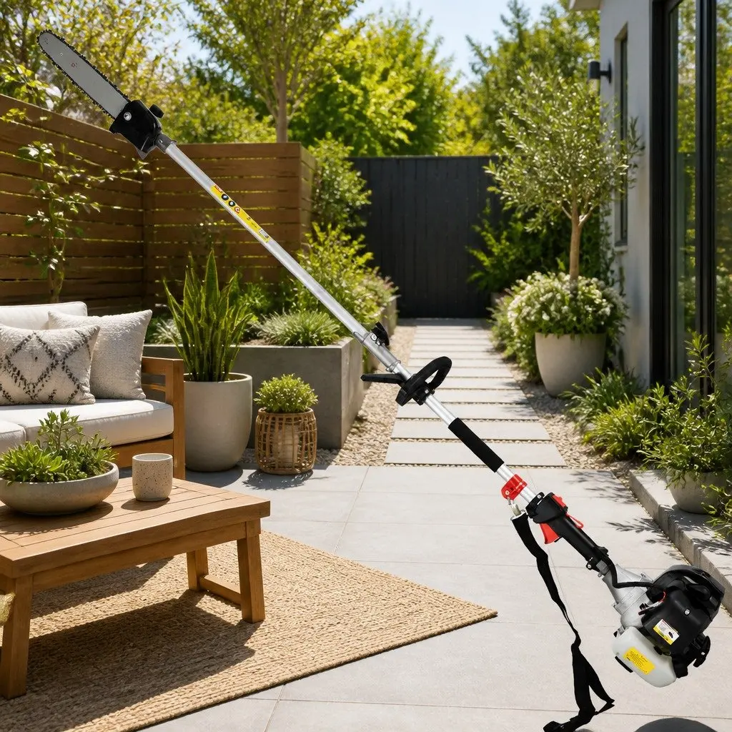 65CC Petrol Pole Chainsaw Silver 7-in-1 Multi-Tool with Hedge Trimmer Brush Cutter Whipper Snipper and Three Extension Poles